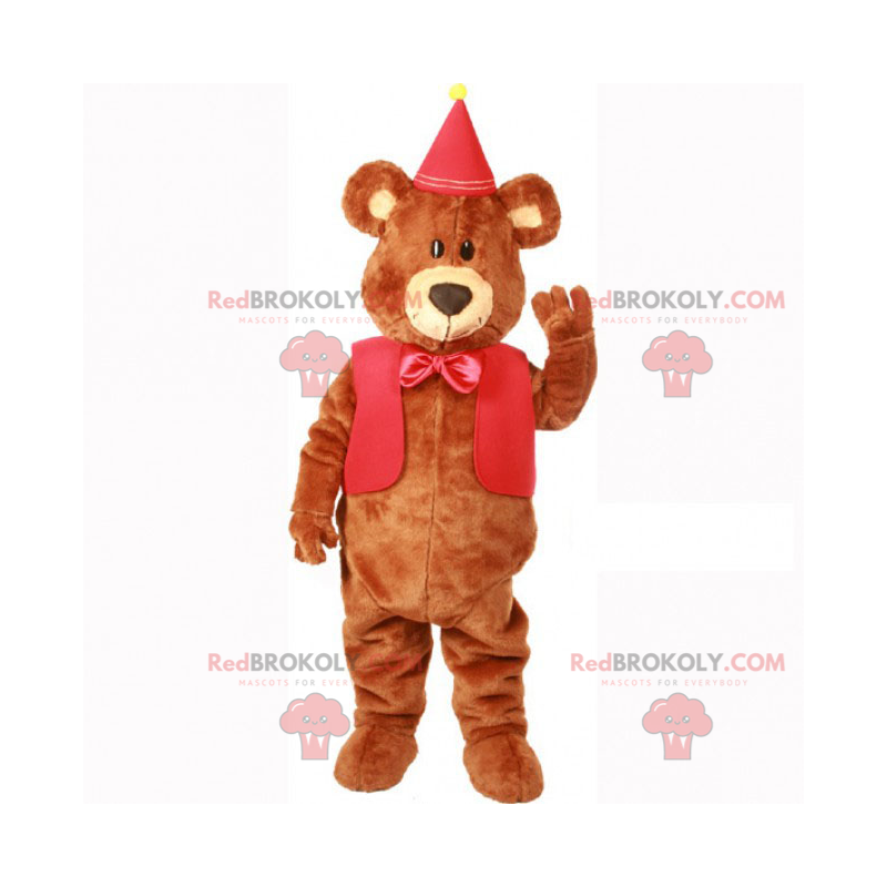 Roztomilý maskot medvídka s bundou a červenou mašlí -