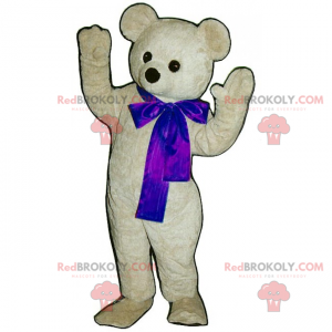 Adorable white teddy bear mascot with its blue bow -