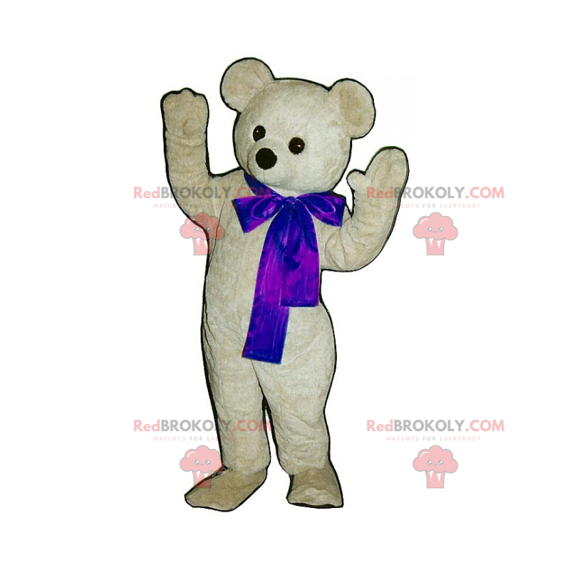 Adorable white teddy bear mascot with its blue bow -