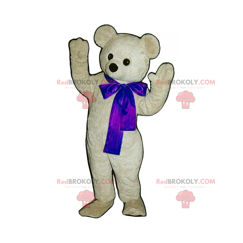 Adorável mascote do ursinho de pelúcia branco com seu laço azul