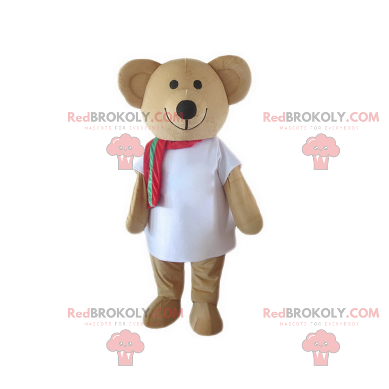 Adorable smiling teddy bear mascot with his red scarf -