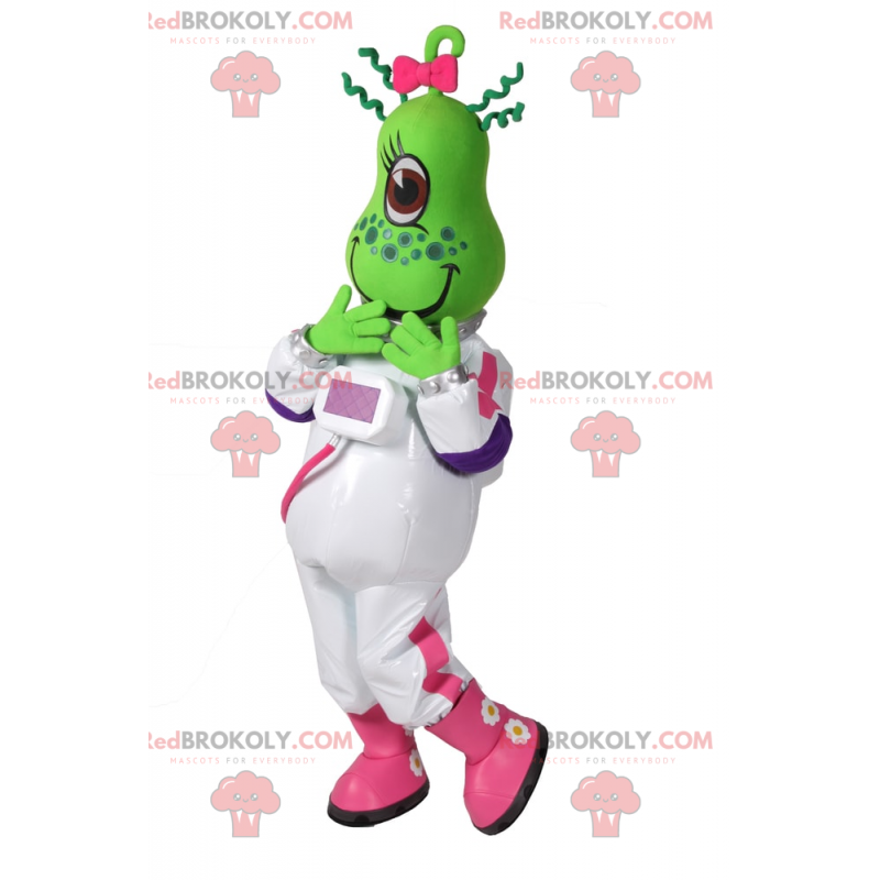 Mascote alienígena verde com roupa de astronauta -