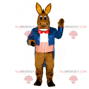 Mascotte asino con una giacca blu e un papillon rosso -