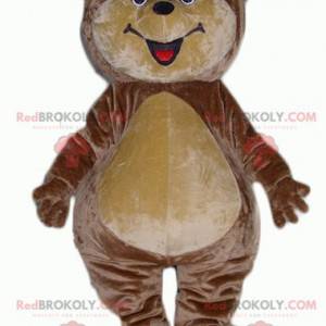 Grande urso de pelúcia mascote marrom e bege sorrindo -