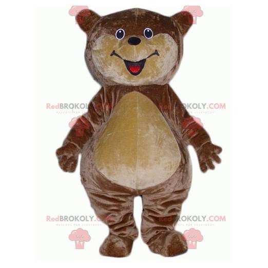 Mascotte de gros nounours en peluche marron et beige souriant -