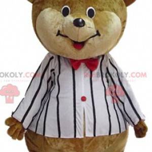 Big brown and beige teddy bear mascot in circus outfit -