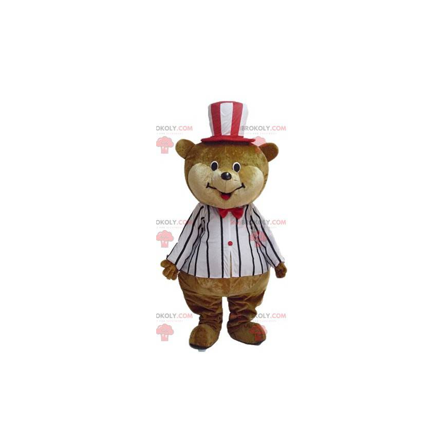 Mascote grande urso de pelúcia marrom e bege em traje de circo