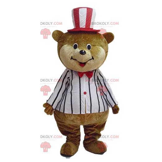 Mascote grande urso de pelúcia marrom e bege em traje de circo