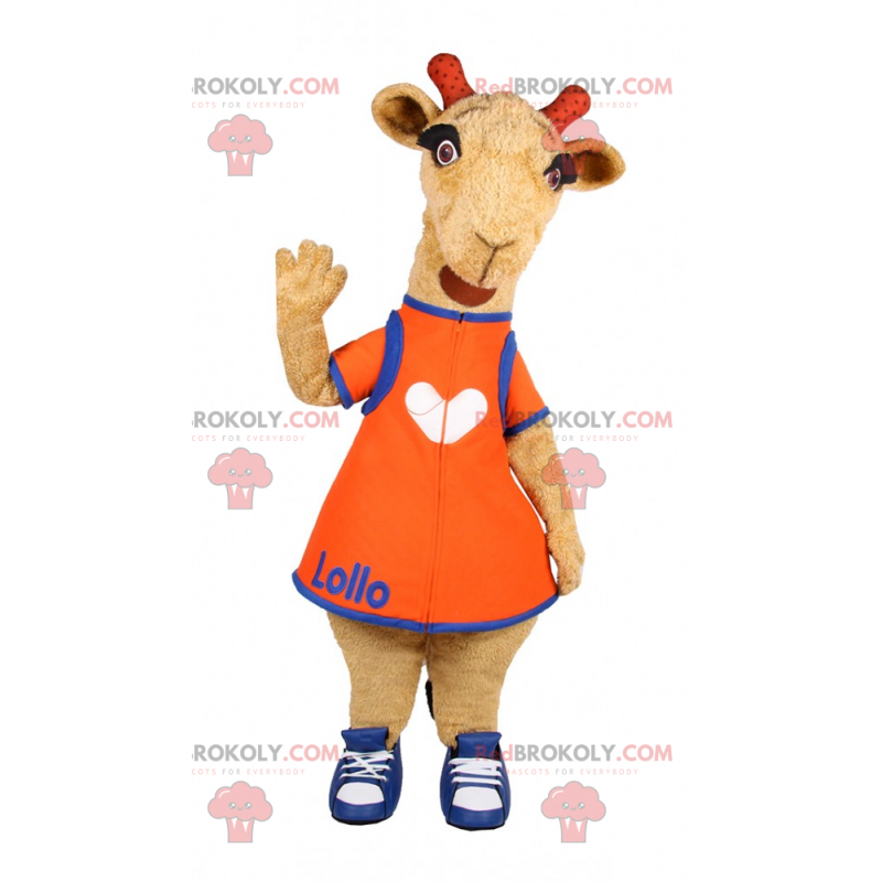 Goat mascot with orange dress and basketball - Redbrokoly.com