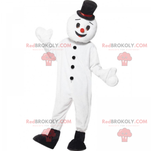 Mascotte de bonhomme de neige souriant avec haut de forme noir