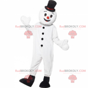 Glimlachende sneeuwmanmascotte met zwarte hoge hoed -