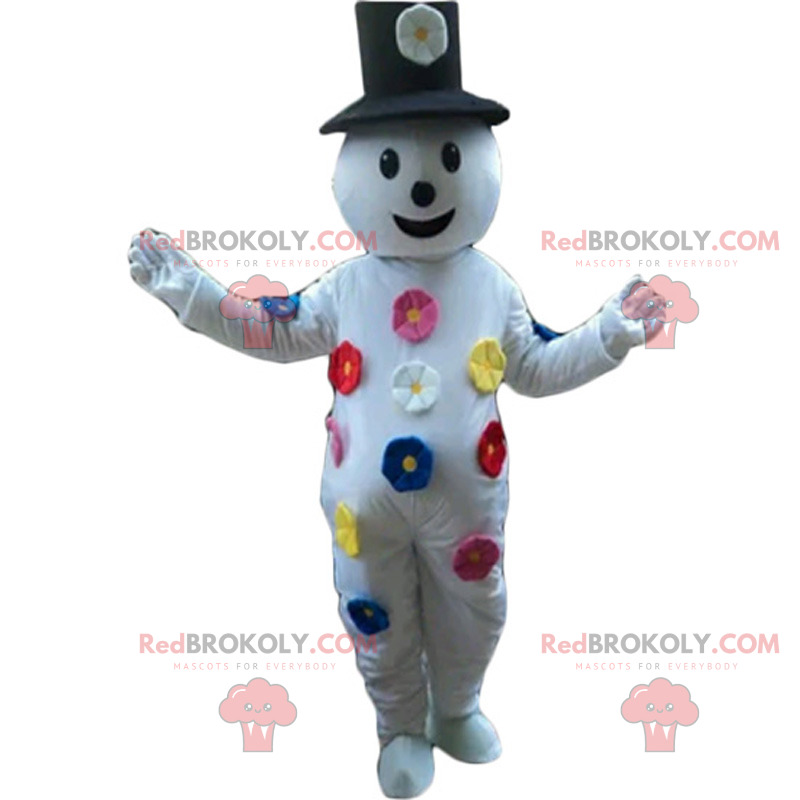 Mascota de muñeco de nieve con flores de colores -