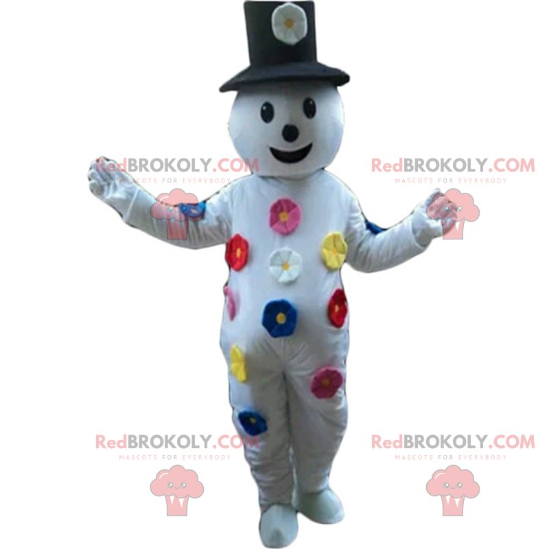 Mascote do boneco de neve com flores coloridas - Redbrokoly.com Mascote do boneco de neve com flores coloridas - Redbrokoly.com