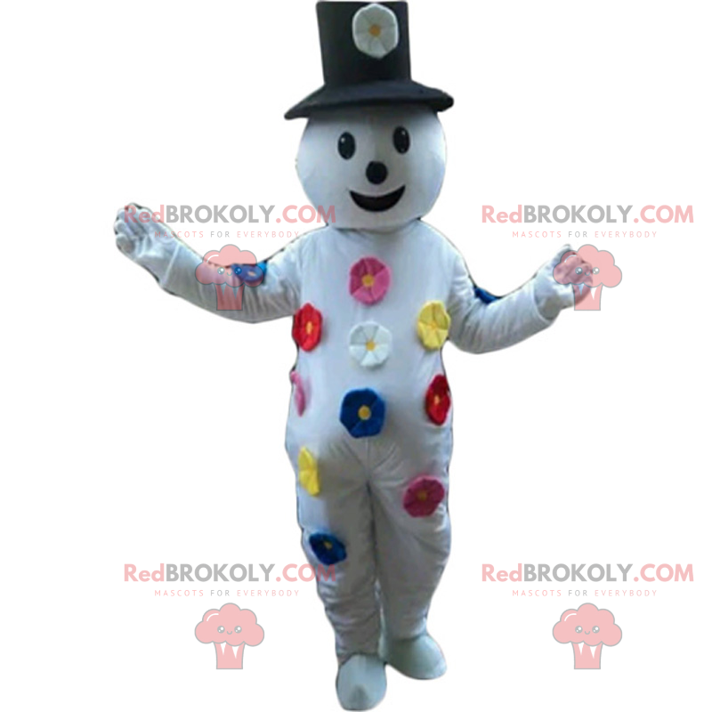 Mascotte de bonhomme des neiges avec fleurs de couleurs -