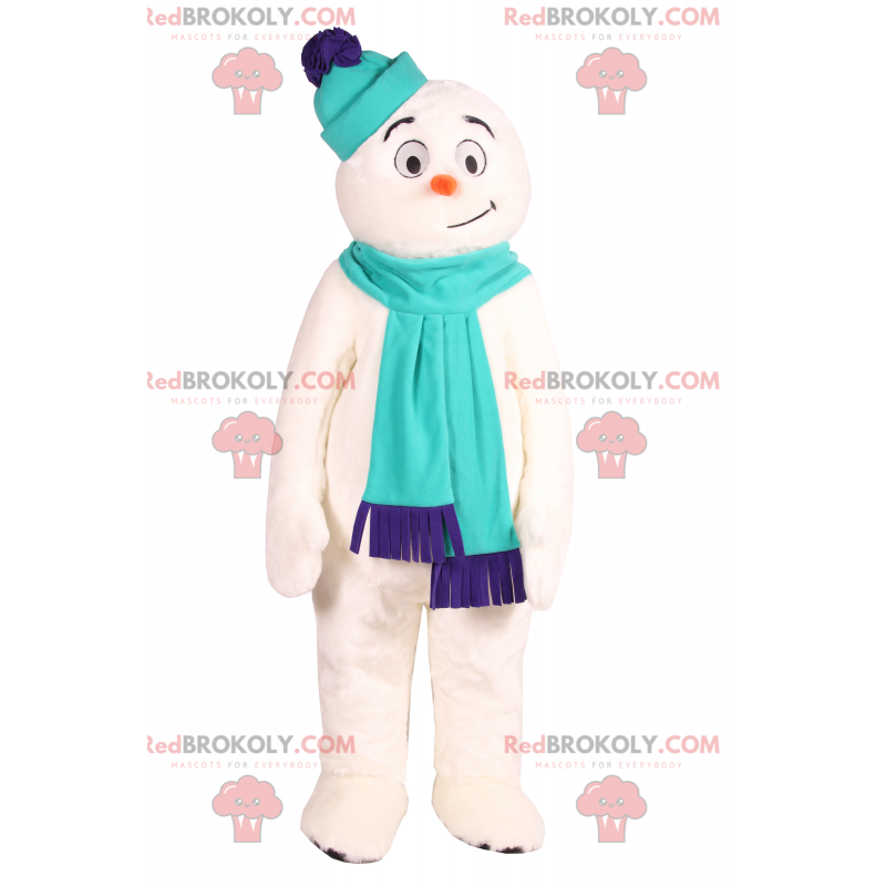 Mascotte de bonhomme des neiges souriant avec accessoires -