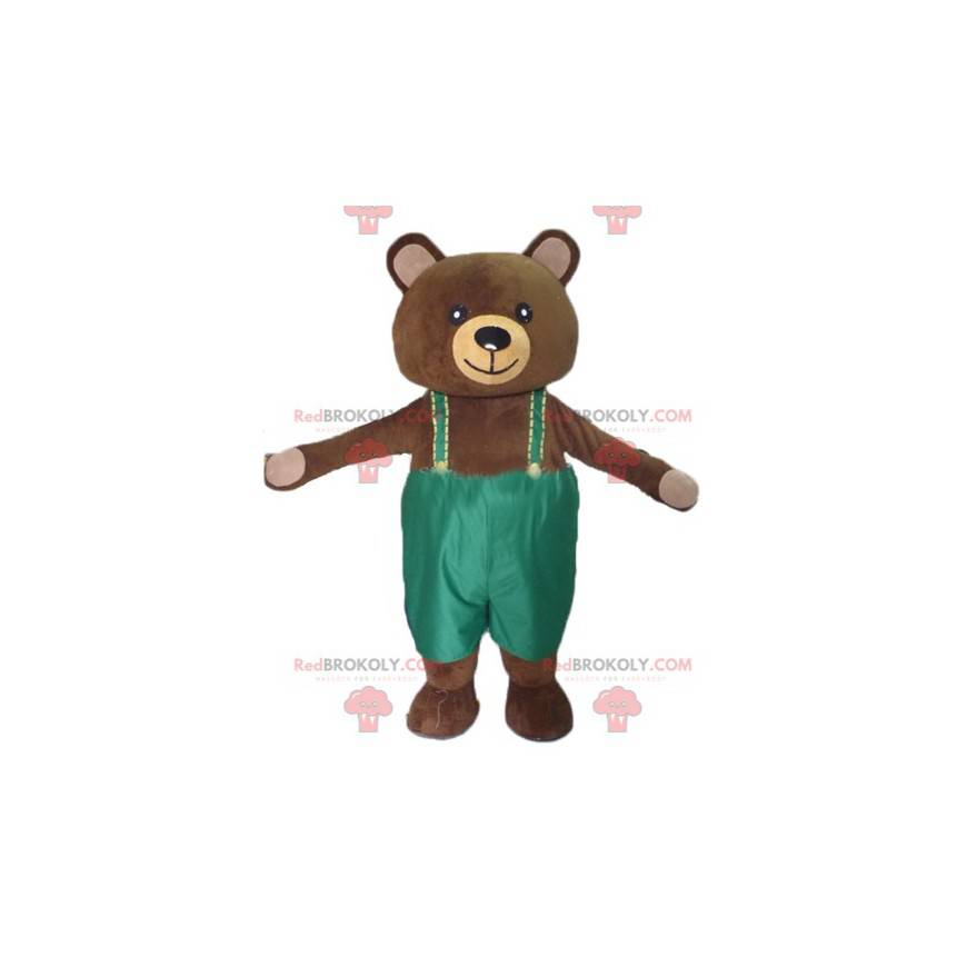Mascote grande urso de pelúcia marrom com macacão verde -