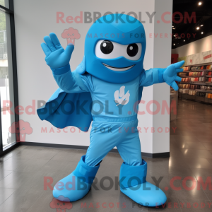 Sky Blue Superhero mascot...