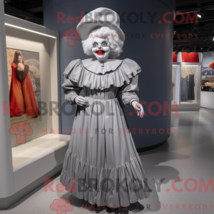 Grå klovnemaskotdraktfigur...