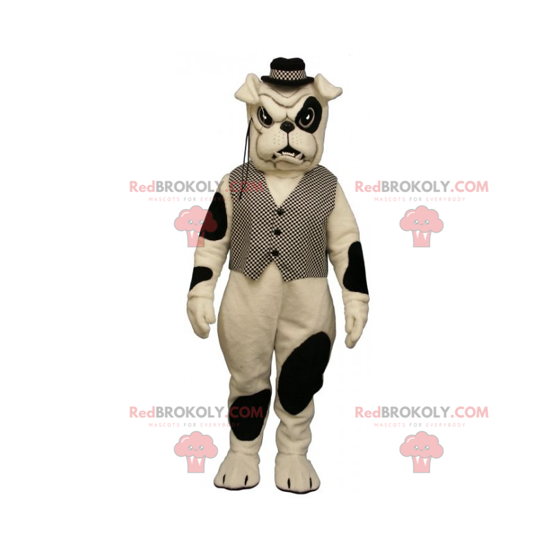 Mascote Bulldog com manchas com casaco e chapéu - Redbrokoly.com