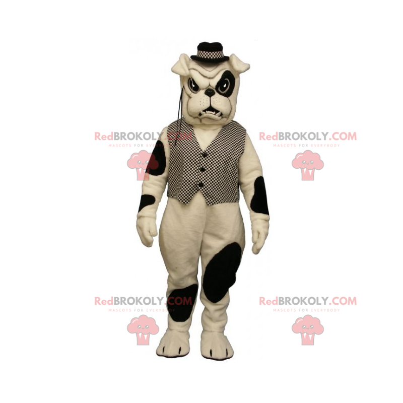 Mascotte de bulldog a taches avec veston et chapeau -