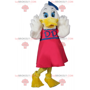 Mascota del pato blanco con vestido rosa y lazo azul -