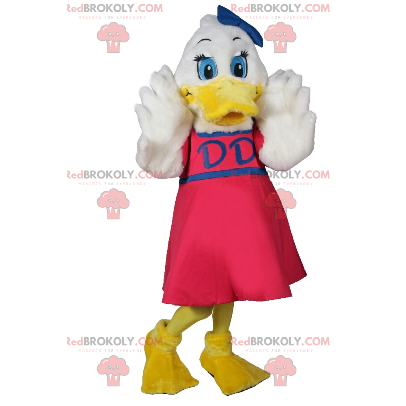 White duck mascot with pink dress and blue bow - Redbrokoly.com