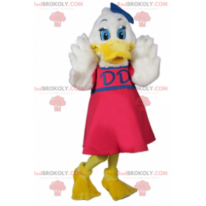 Mascote do pato branco com vestido rosa e laço azul -