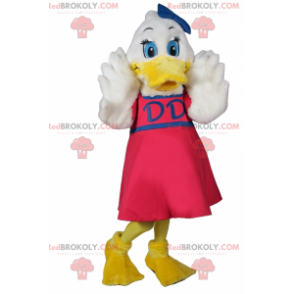 White duck mascot with pink dress and blue bow - Redbrokoly.com