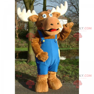 Mascotte de caribou en salopette bleu - Redbrokoly.com