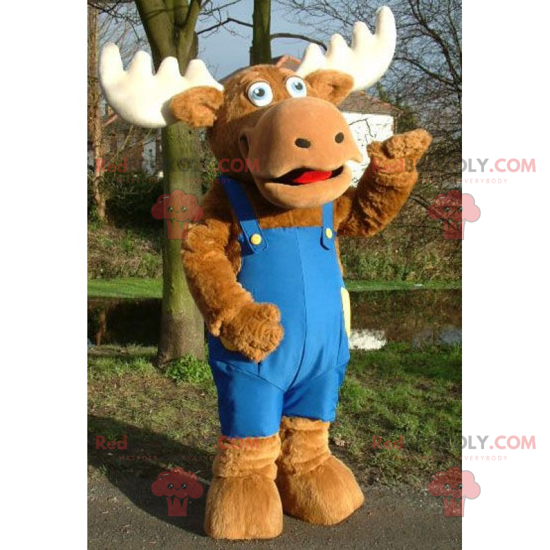 Caribou mascotte in blauwe overall - Redbrokoly.com
