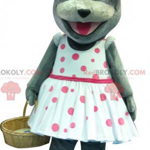 Gray mouse mascot with a polka dot dress - Redbrokoly.com