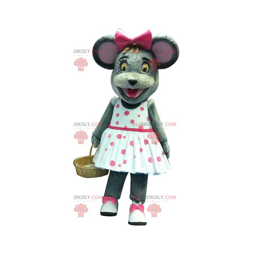 Gray mouse mascot with a polka dot dress - Redbrokoly.com