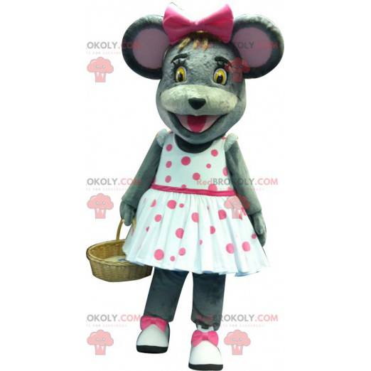 Graues Mausmaskottchen mit einem gepunkteten Kleid -