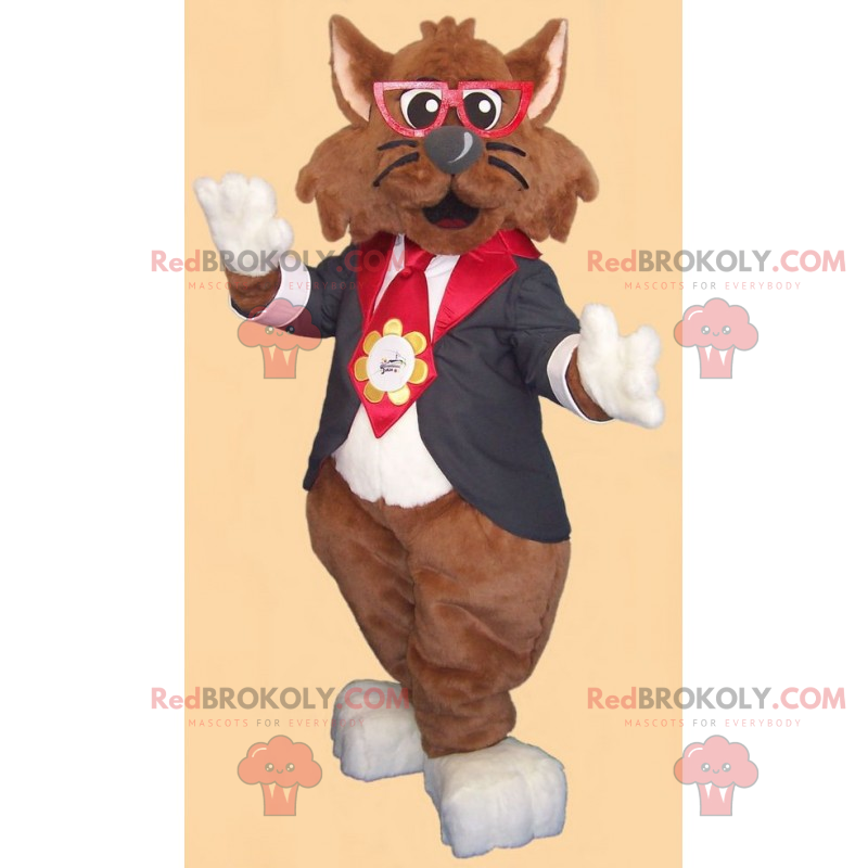 Maskot kočka s brýlemi a sako - Redbrokoly.com