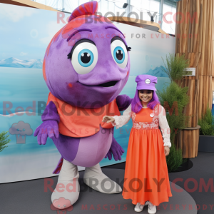 Paars zalm mascottekostuum...