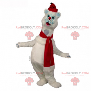 Mascotte gatto delle nevi con sciarpa e berretto rosso -