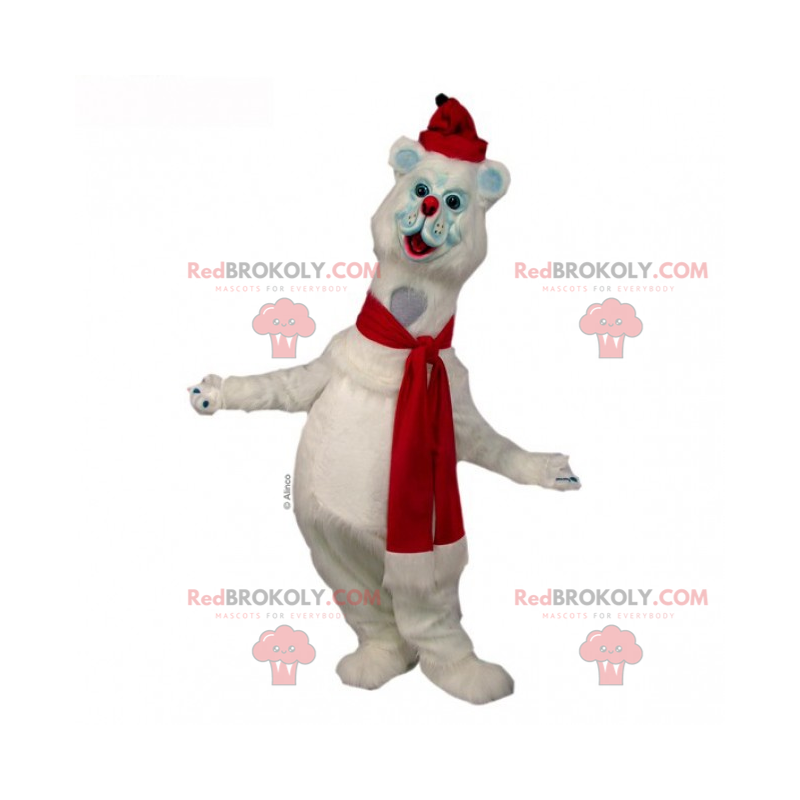 Sne kat maskot med tørklæde og rød kasket - Redbrokoly.com