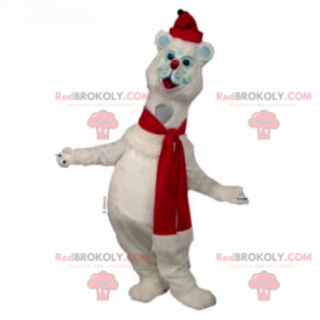 Maskot sněhová kočka s šátkem a červenou čepicí - Redbrokoly.com