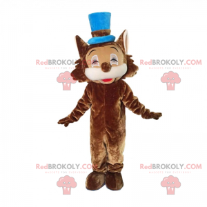 Brązowy kot maskotka z niebieskim kapeluszem - Redbrokoly.com