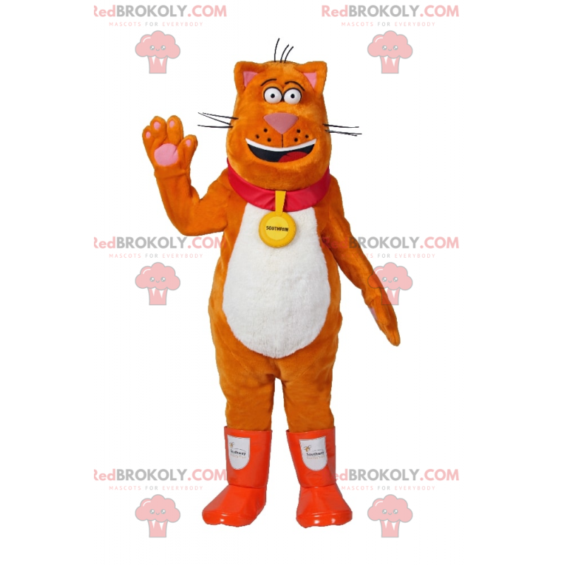 Orange Katzenmaskottchen mit Regenstiefeln und Kragen -