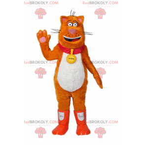 Mascote gato laranja com botas de chuva e coleira -