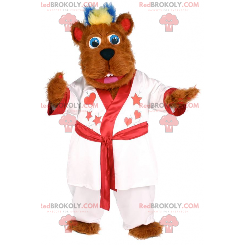 Psí maskot v bílém županu se srdcem - Redbrokoly.com Psí maskot v bílém županu se srdcem - Redbrokoly.com