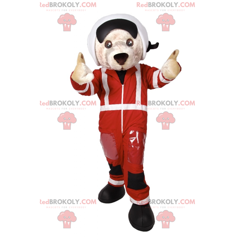 Mascotte de chien en tenue de pilote de course - Redbrokoly.com Mascotte de chien en tenue de pilote de course - Redbrokoly.com
