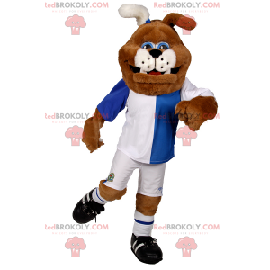 Mascotte de chien en tenue de soccer bleu et blanc -