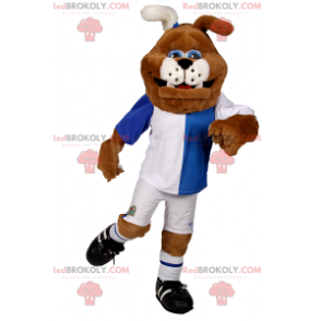 Mascotte de chien en tenue de soccer bleu et blanc -