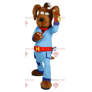 Brun hundmaskot med blå kombination - Redbrokoly.com