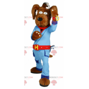 Mascote cachorro marrom com combinação azul - Redbrokoly.com