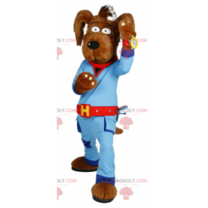 Mascotte de chien marron avec combinaison bleu - Redbrokoly.com