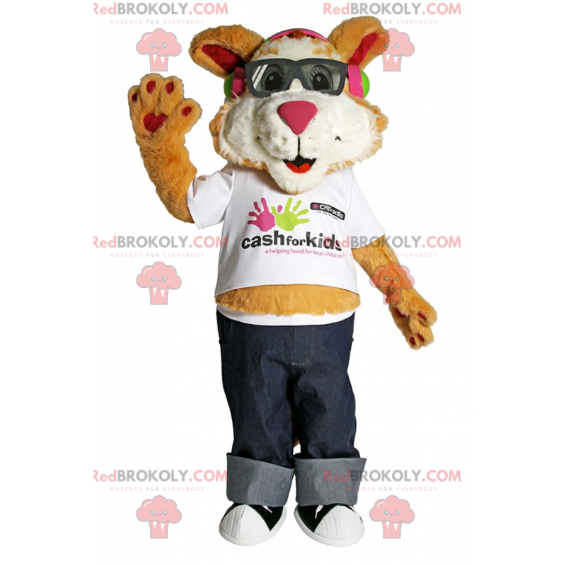 Welpenmaskottchen mit Sonnenbrille und Jeans - Redbrokoly.com