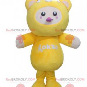 Plump and cute yellow white and pink chick mascot -